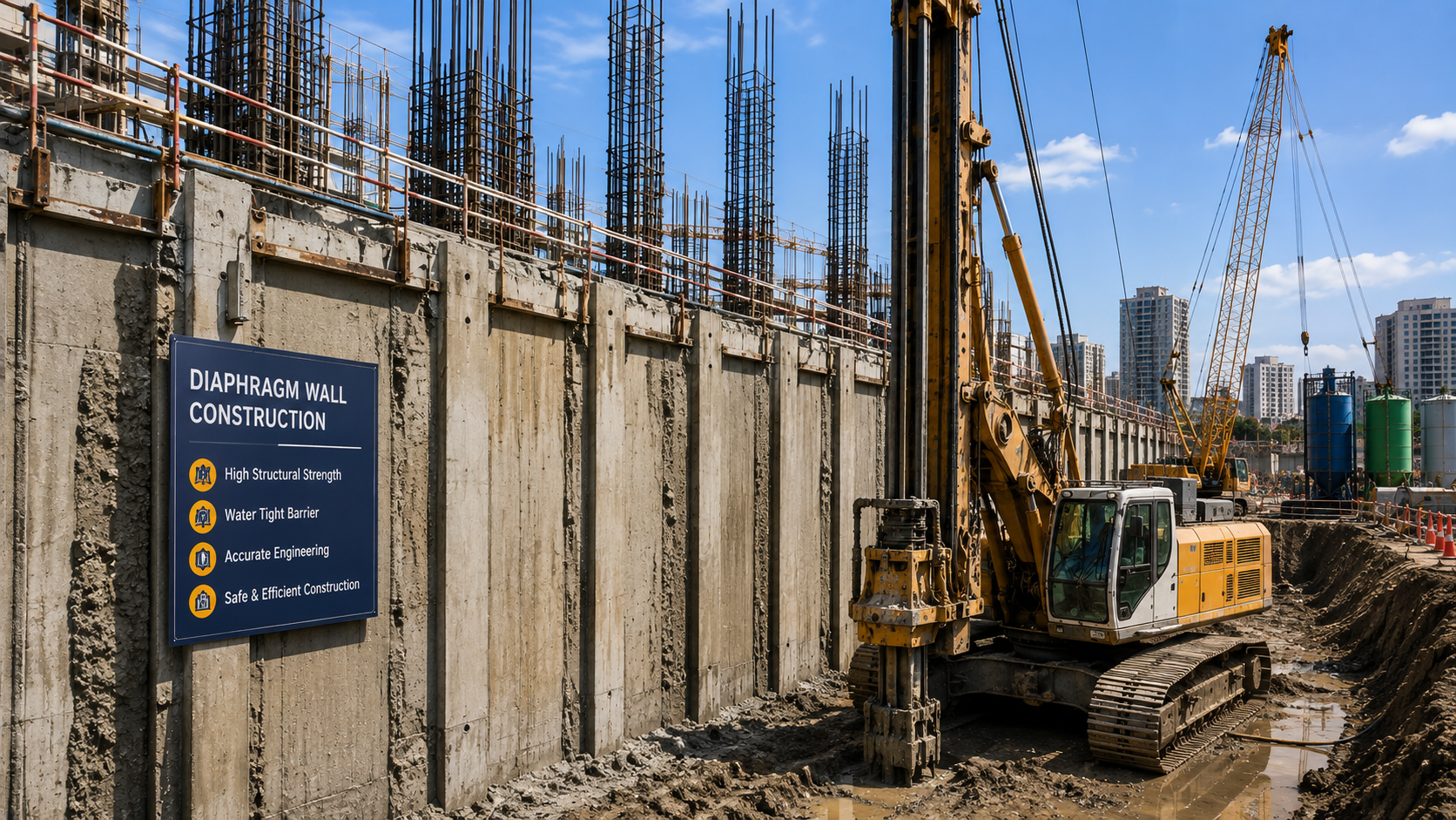 Diaphragm wall construction excavation